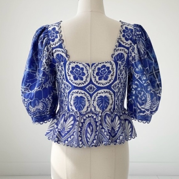 FARM rio puff sleeve cotton tile blouse - Picture 2 of 12